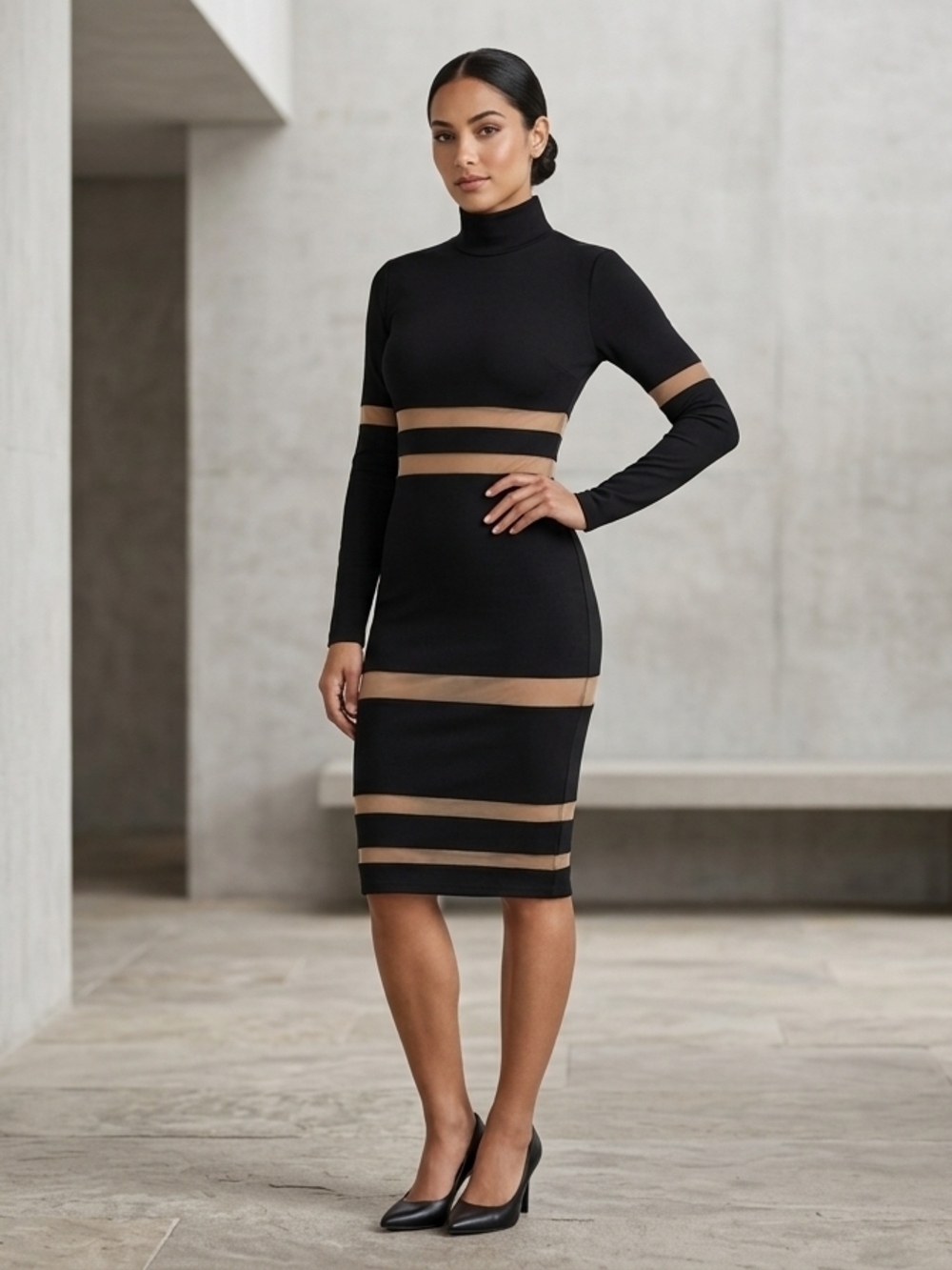 Black Midi Turtleneck Dress with Tan Stripe Accents
